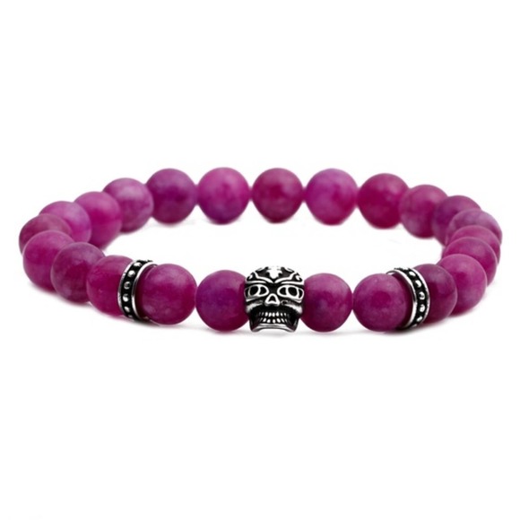 Purple Agate Stone Silver Skull Stretch Bracelet - Picture 1 of 3